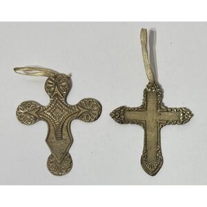Vintage Brass Cross 4" Christmas Tree Ornaments Unmarked Gold Ribbon 2 Pcs.